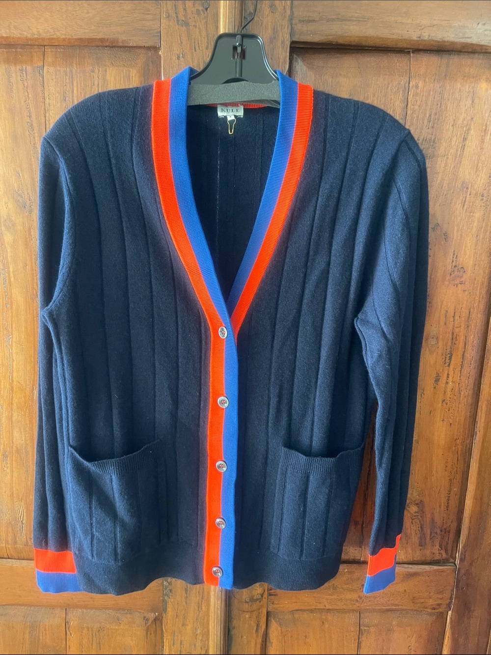 KULE Navy Cardigan with Red & Royal Blue Trim